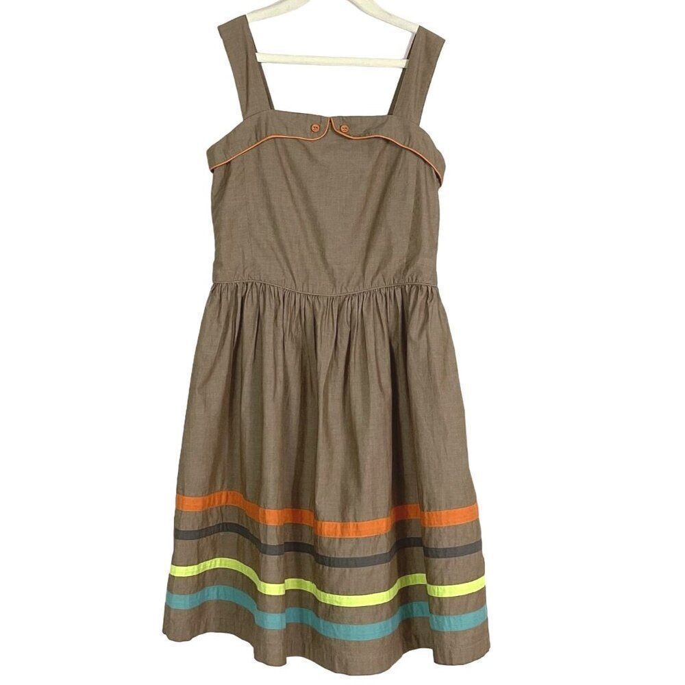 Mini Boden Girls' Brown Sleeveless Dress With Colorful Stripes 11-12Y Cotton